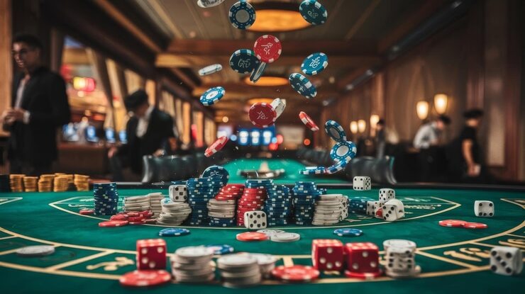 Roulette wheel table with betting chips and player hands